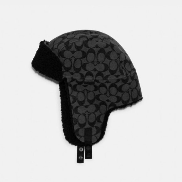 Coach Other - Coach Black Signature Shearling and Flannel Trapper Cap Season Hat Beanie Hood
